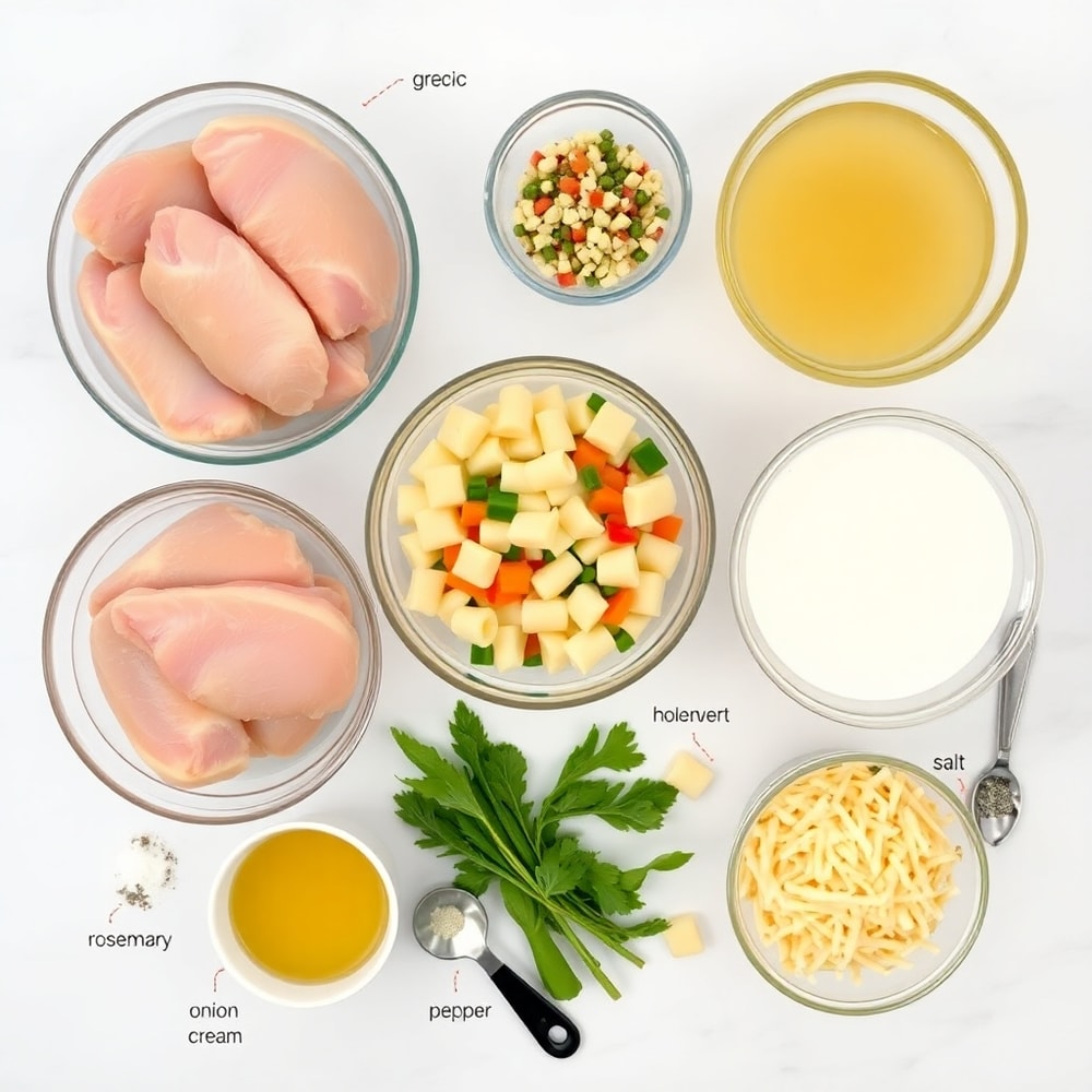 Raw ingredients for one pot gnocchi chicken pot pie arranged in a flat lay