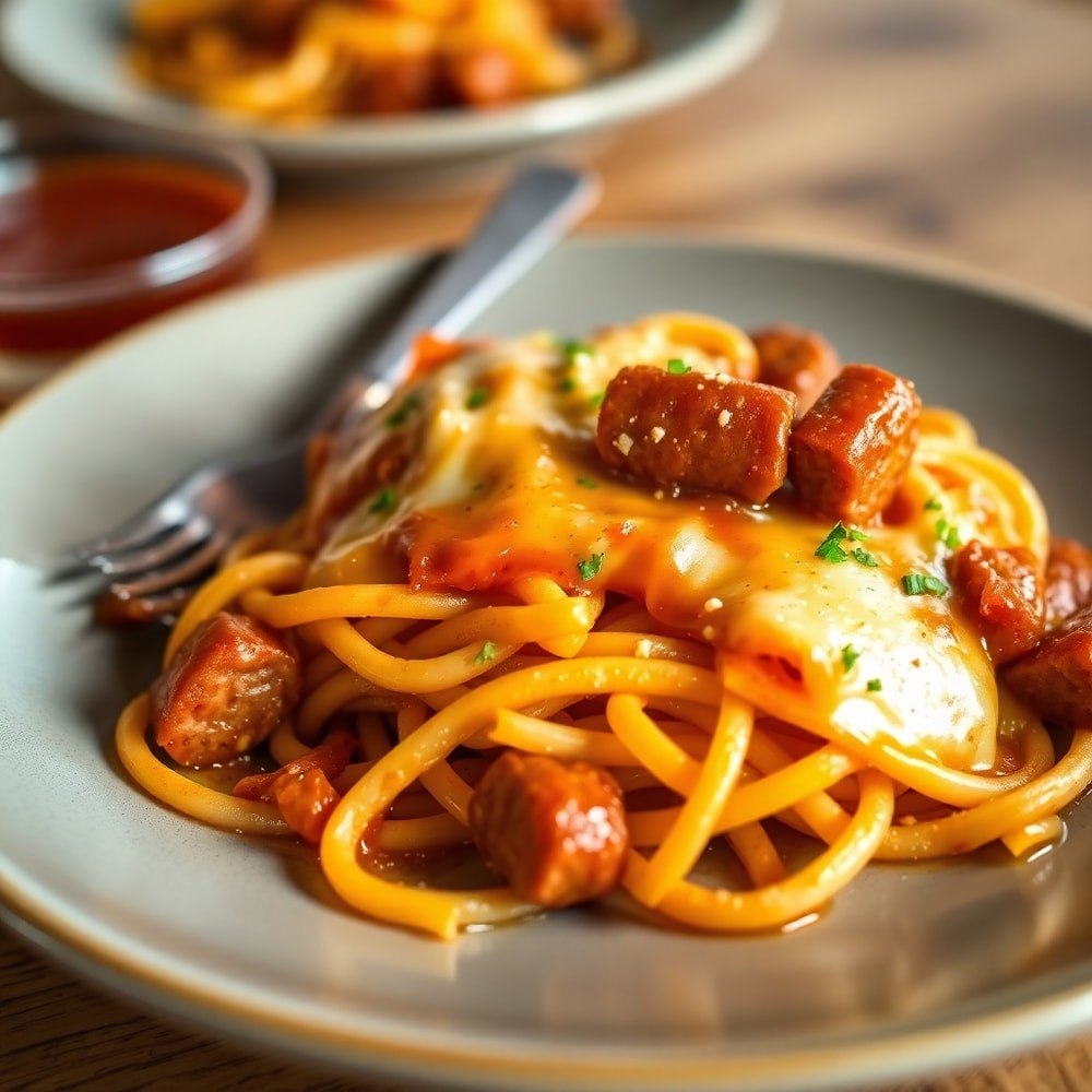 Plated one-pot honey BBQ sausage pasta with melted cheese and crispy sausage