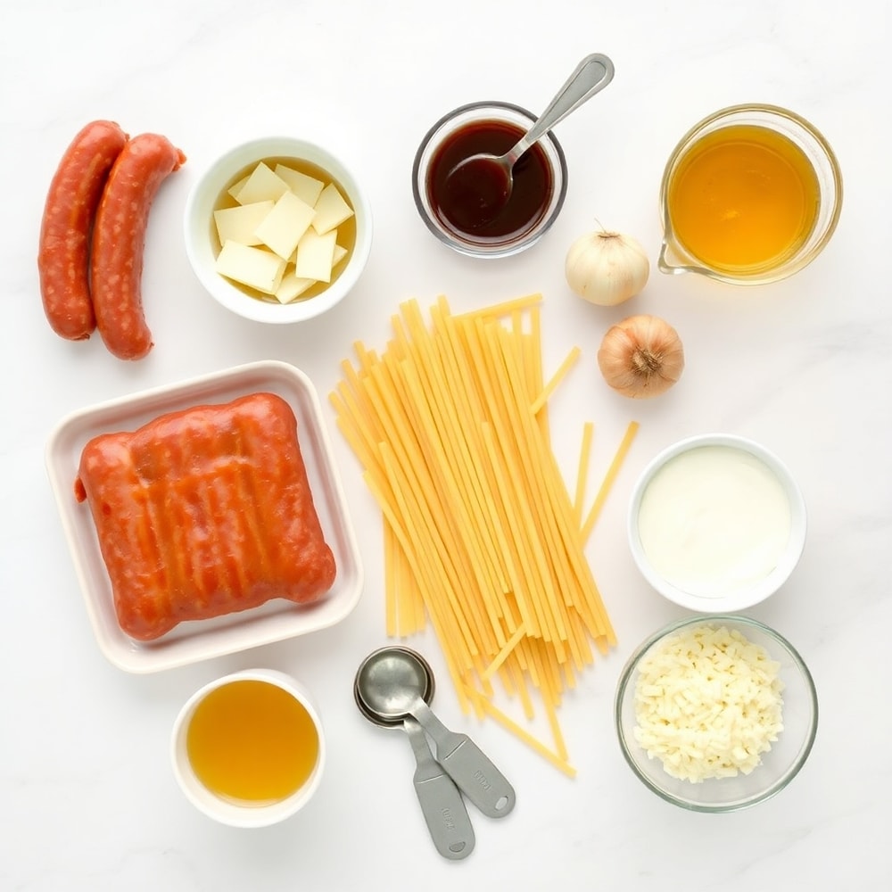 Raw ingredients for one-pot honey BBQ sausage pasta including sausage, pasta, honey, BBQ sauce, and cheese