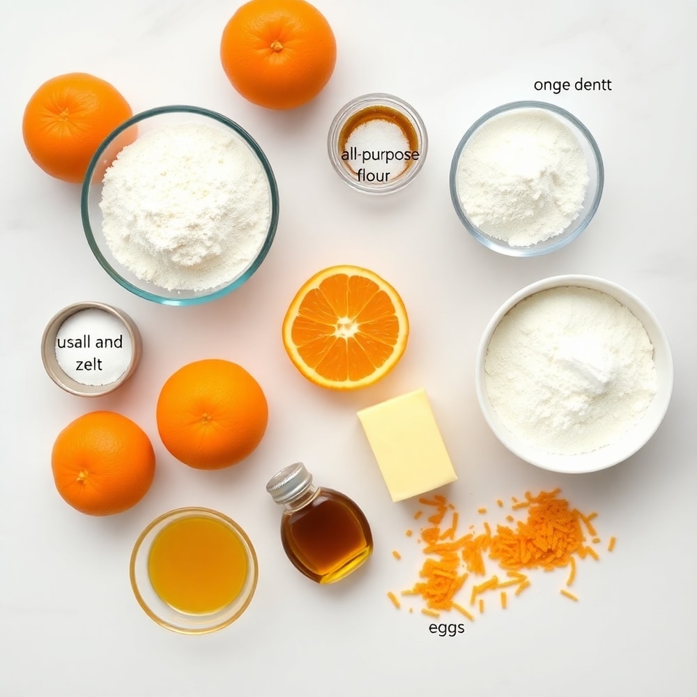 Ingredients for orange scone cookies laid out on a white marble surface
