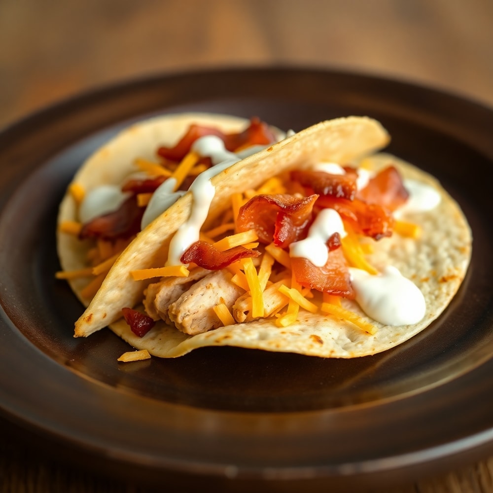 Close-up of a cheesy chicken bacon ranch taco on a plate