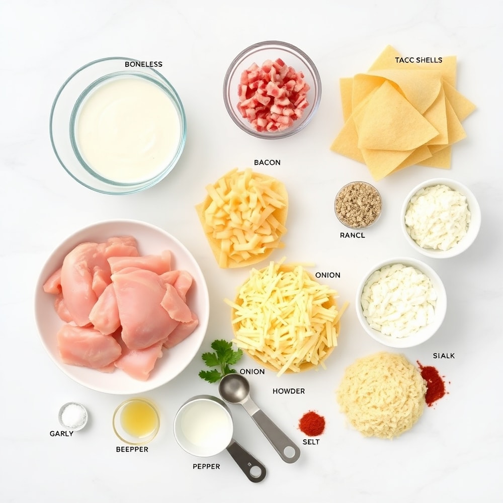 Raw ingredients for chicken bacon ranch tacos on a marble surface
