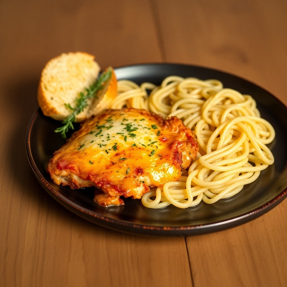 Plated serving of crispy oven baked chicken parmesan with side of pasta and garlic bread