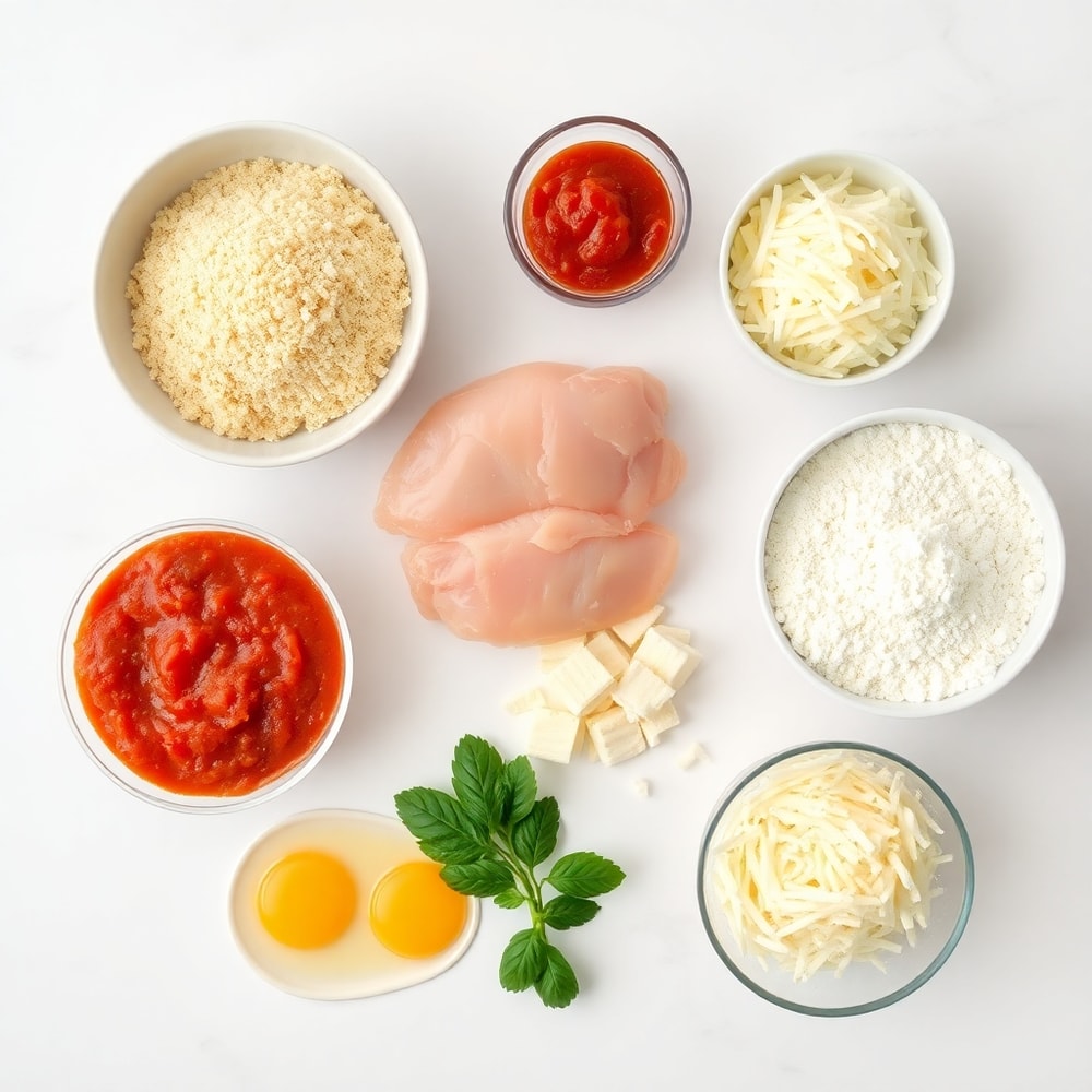 Raw ingredients for oven baked chicken parmesan including chicken breasts, breadcrumbs, parmesan cheese, and marinara sauce