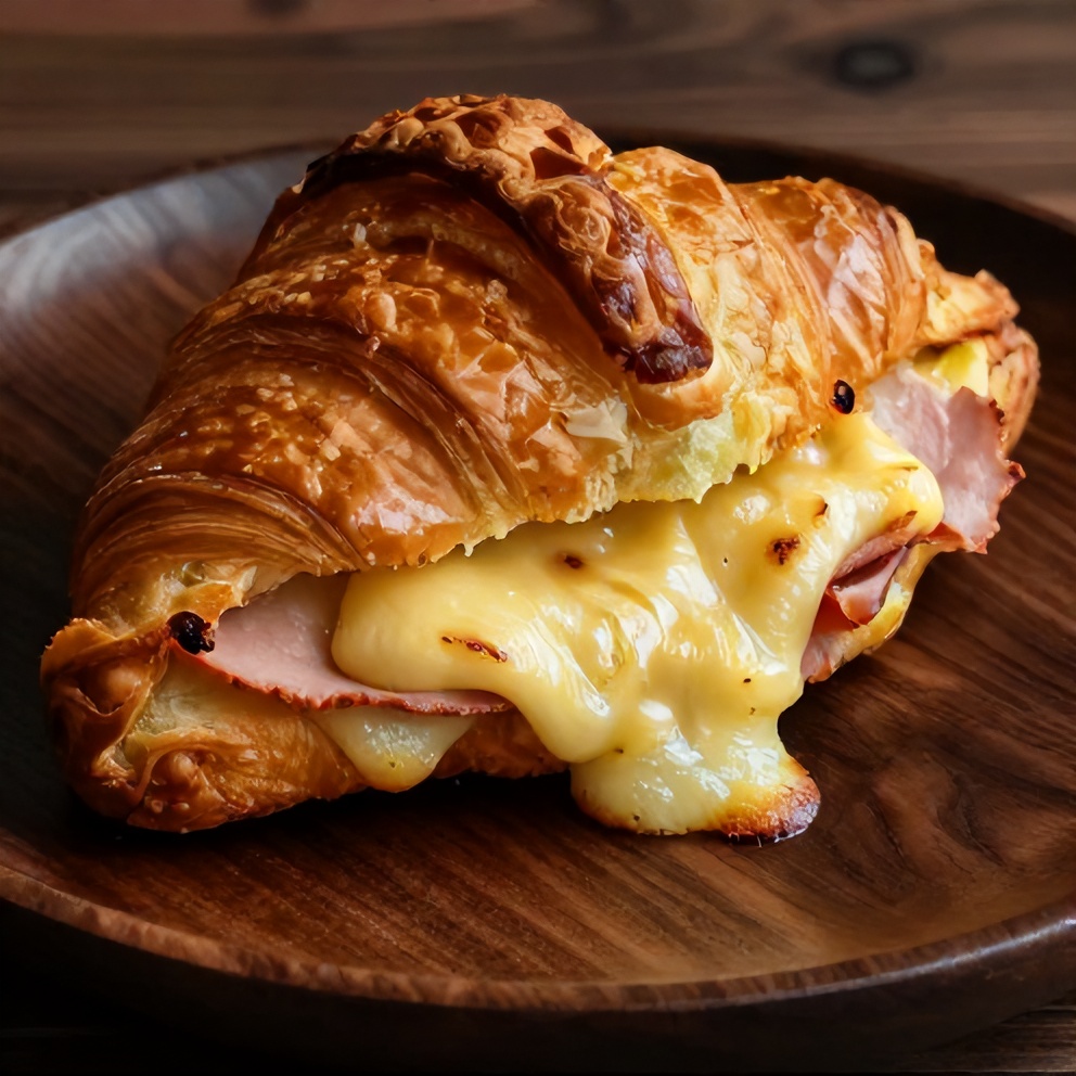 Plated baked ham and cheese croissant