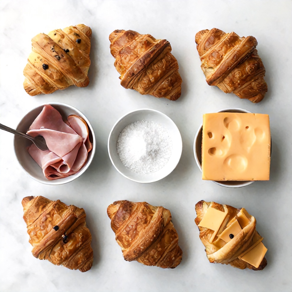 Raw ingredients for ham and cheese croissants