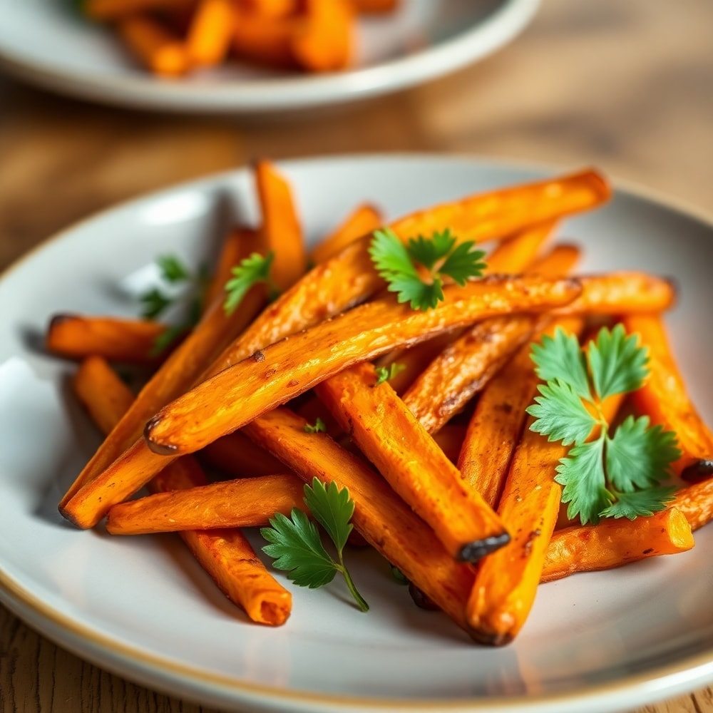 Plated serving of crispy oven baked sweet potato fries with parsley garnish