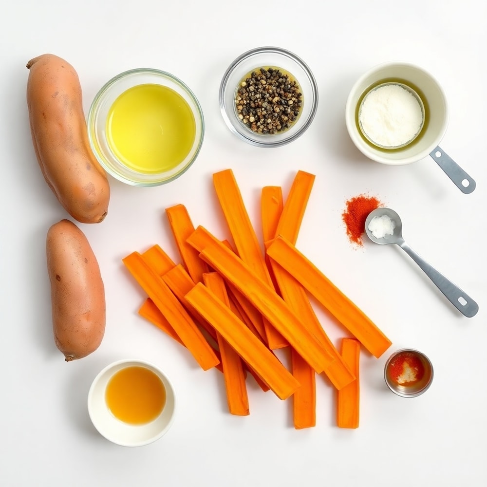 Raw ingredients for oven baked sweet potato fries on a white marble surface