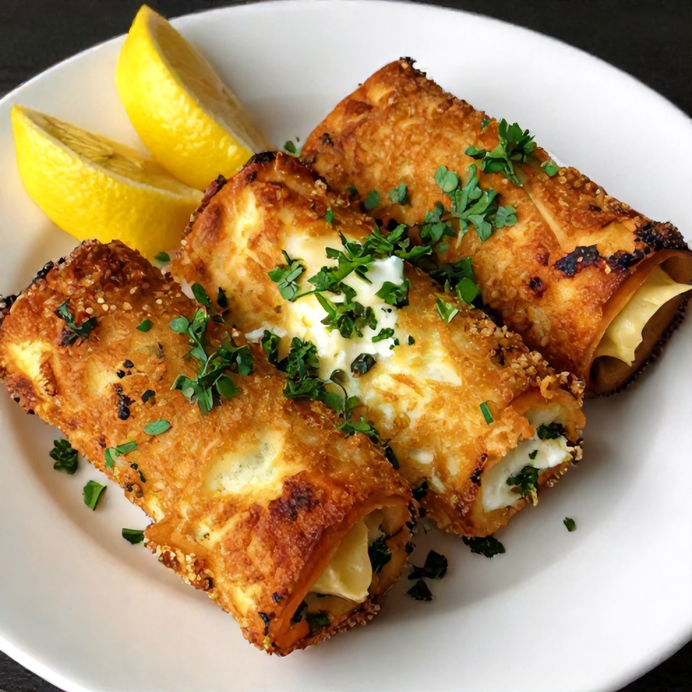 Plated serving of crispy oven fried feta rolls on a white plate