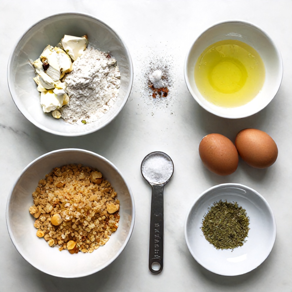 Raw ingredients for oven fried feta rolls on a white marble surface