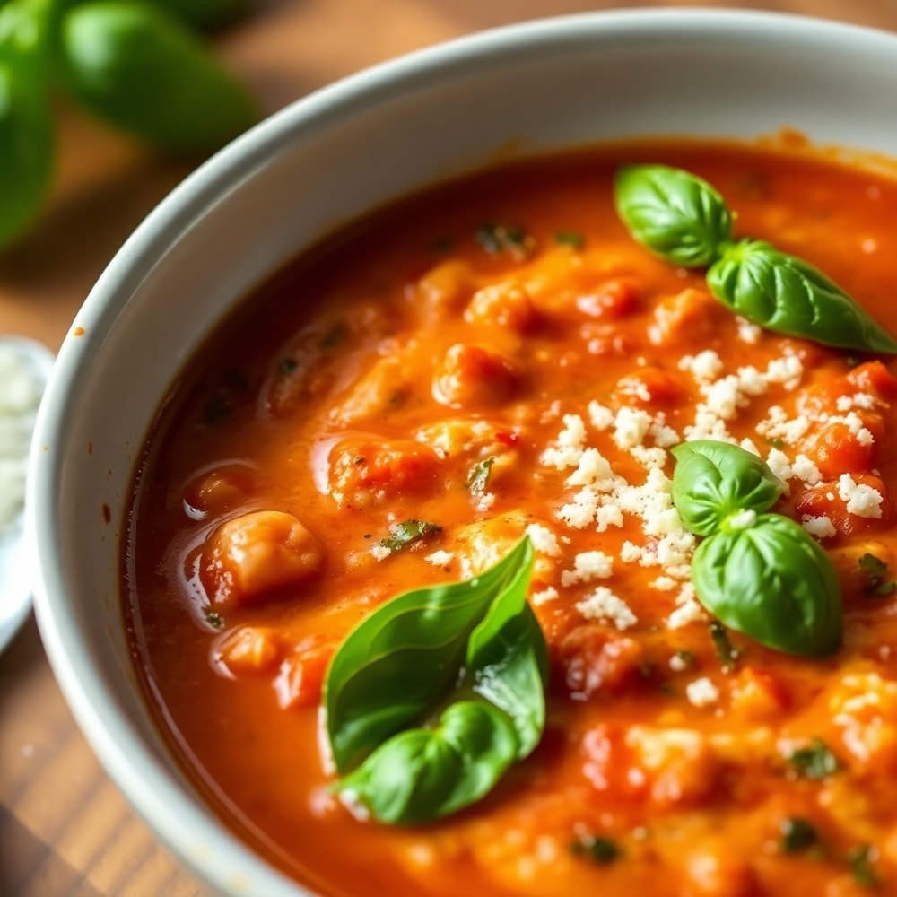 Bowl of Paleo Pizza Soup garnished with fresh basil and parmesan cheese
