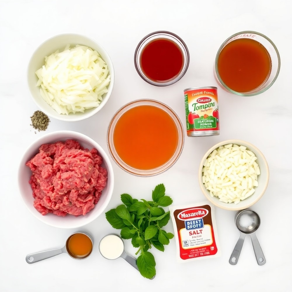 Raw ingredients for Paleo Pizza Soup: ground beef, bell peppers, onions, canned tomatoes, and spices
