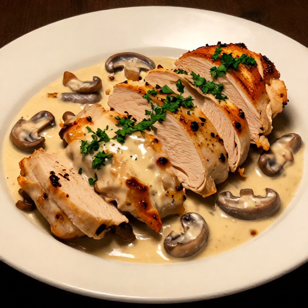 Plated pan-seared chicken with creamy mushroom sauce