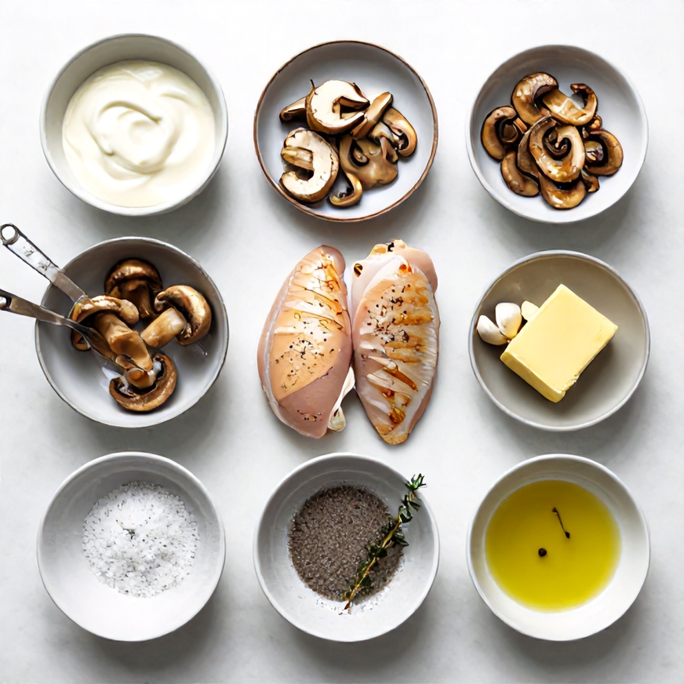 Raw ingredients for pan-seared chicken with mushroom sauce