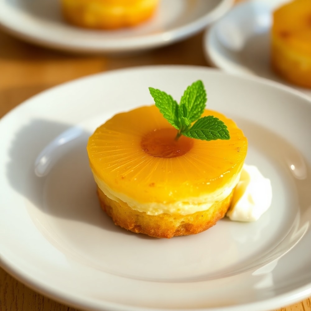 Pineapple Mascarpone Upside-Down Mini Cakes plated with a dollop of whipped cream and a fresh mint leaf