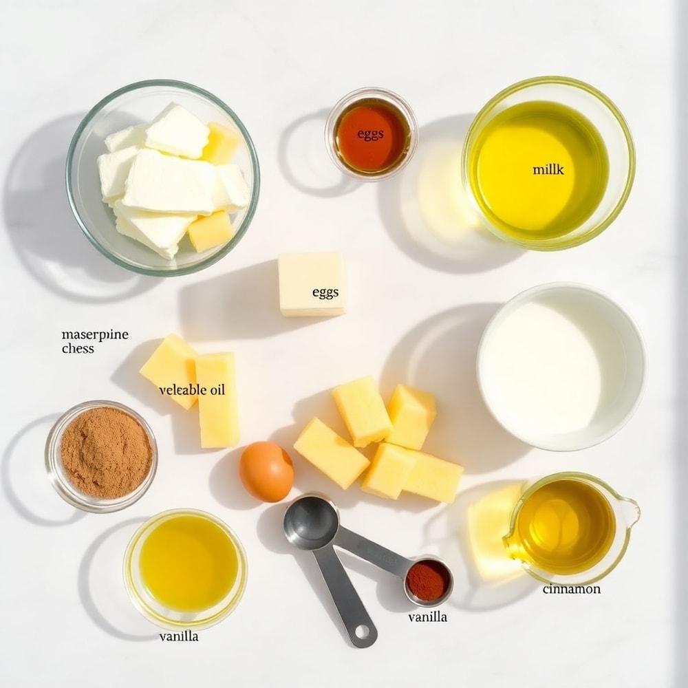 Raw ingredients for Pineapple Mascarpone Upside-Down Mini Cakes including pineapple, mascarpone, and cake mix