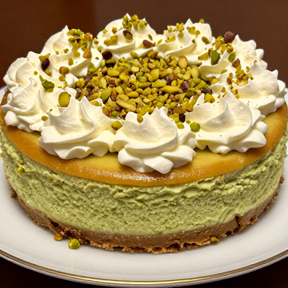 Sliced pistachio cheesecake on a plate
