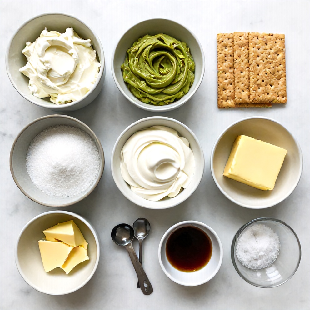 Raw ingredients for pistachio cheesecake