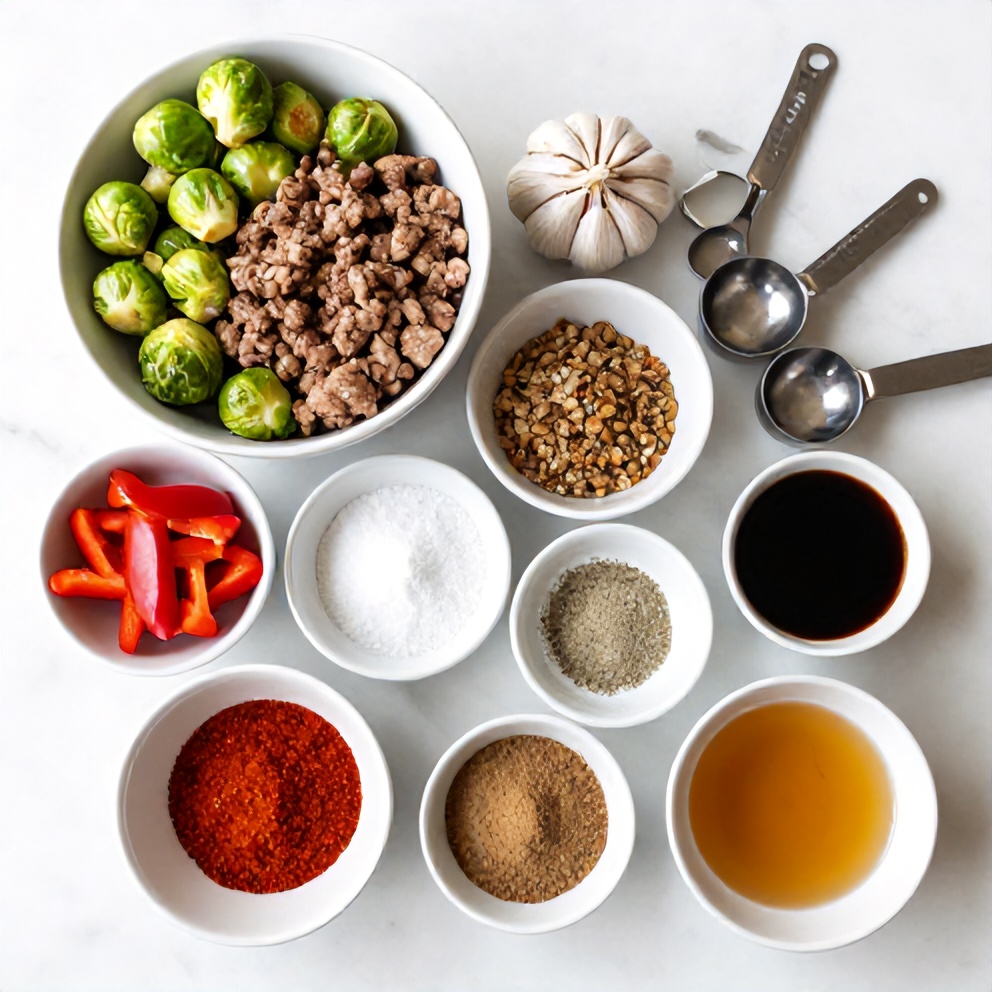 Raw Ingredients for Spicy Pork Brussels Sprouts Bowls