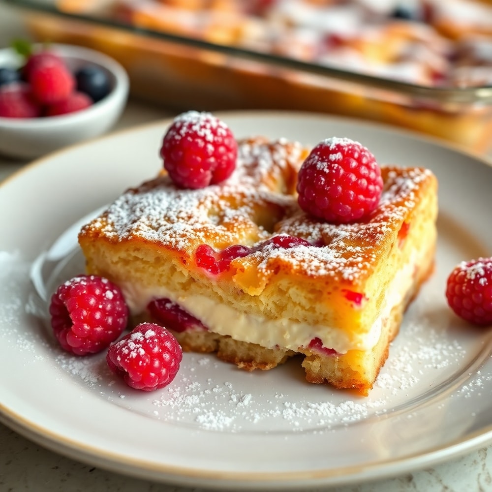 Plated Raspberry Cheesecake French Toast Casserole