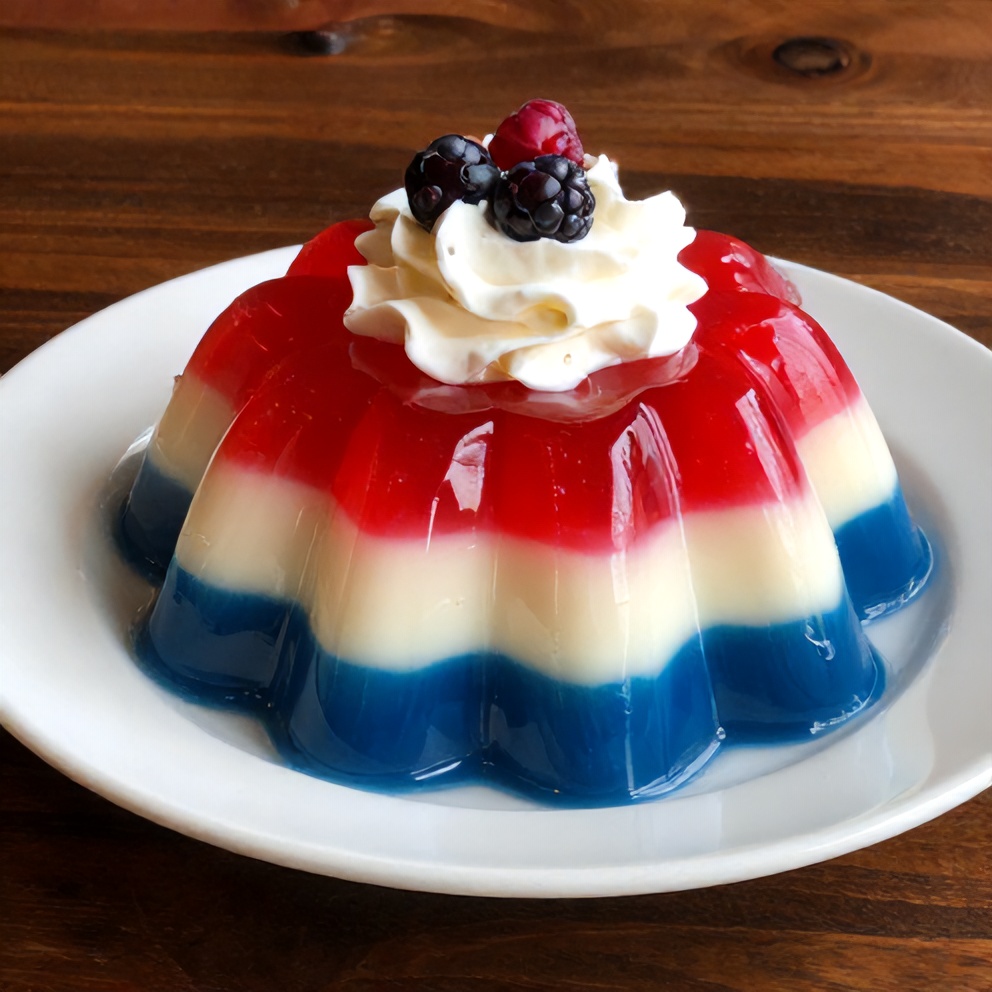 Red, white, and blue layered jello shots garnished with whipped cream and berries