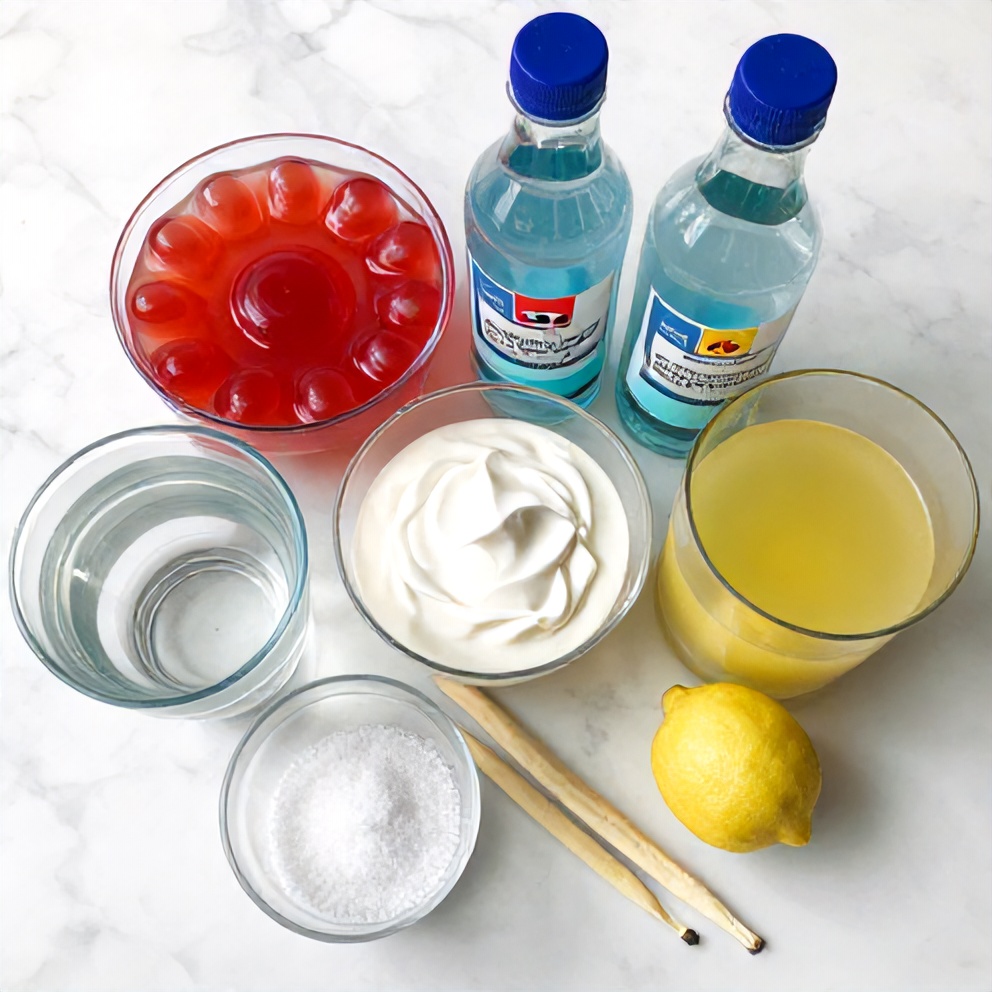 Red, white, and blue jello, vodka, and whipped cream on a marble counter