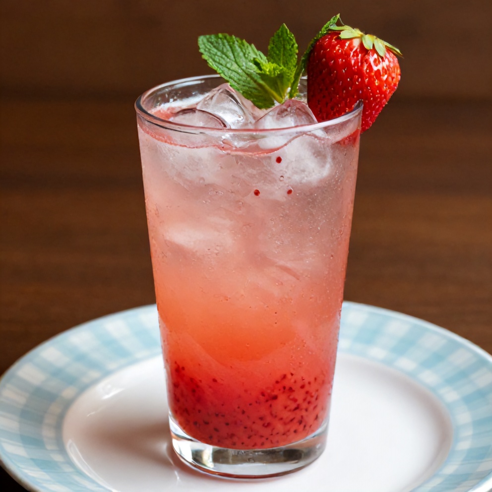 Glass of refreshing strawberry mint lemonade with ice, garnished with fresh strawberries and mint leaves