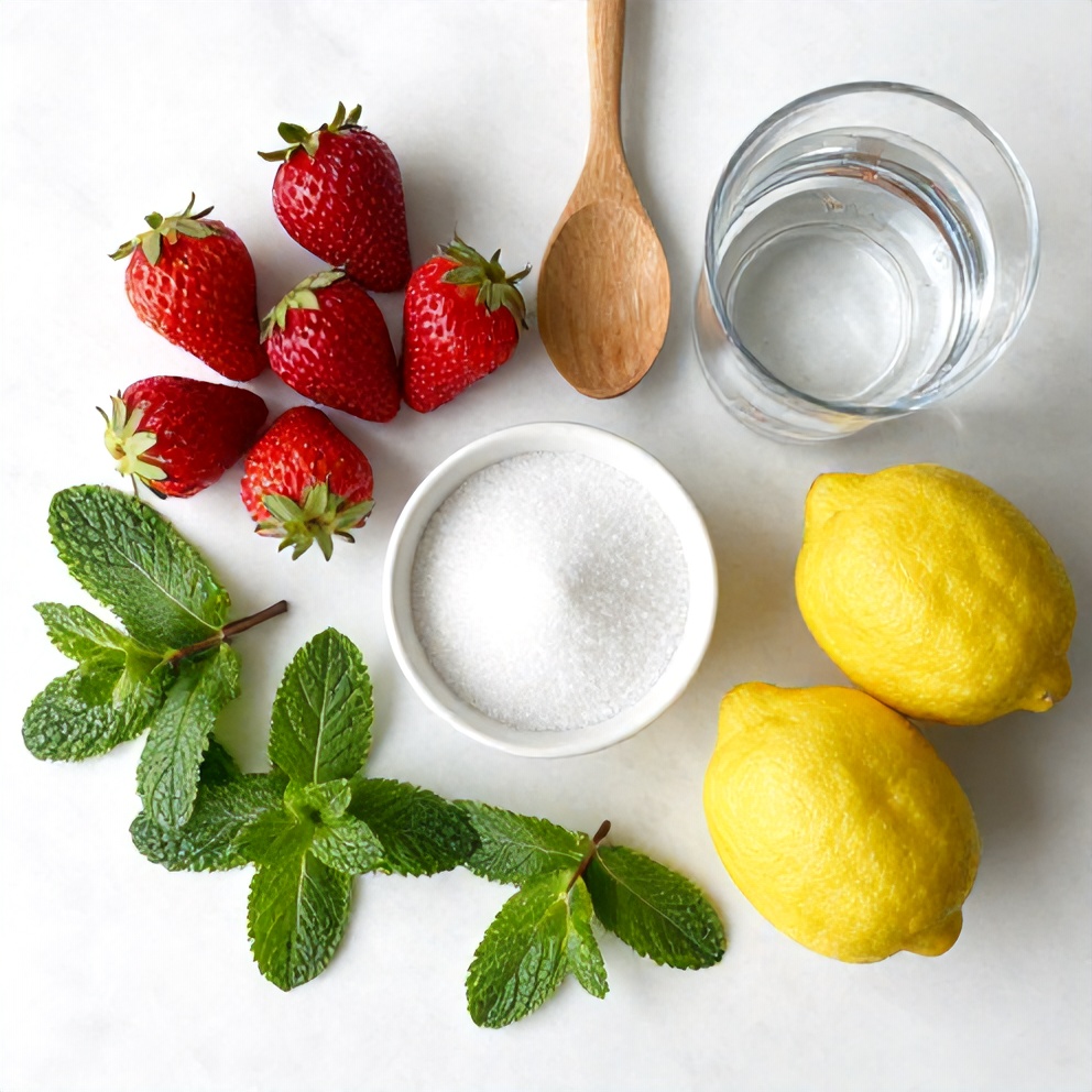 Raw ingredients for strawberry mint lemonade including strawberries, lemons, fresh mint, sugar, and water