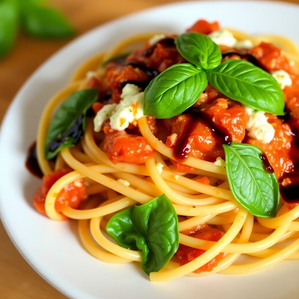 Plated Roasted Tomato and Garlic Ricotta Pasta