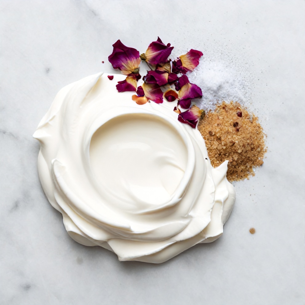 Rose petals, heavy cream, sugar, rose water, and vanilla extract on a marble surface
