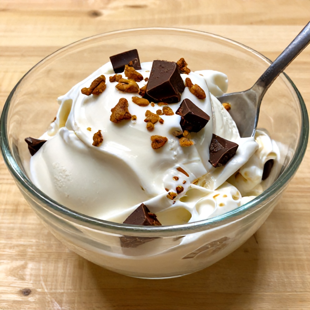 S’mores Frozen Yogurt served in a clear glass bowl with a spoon