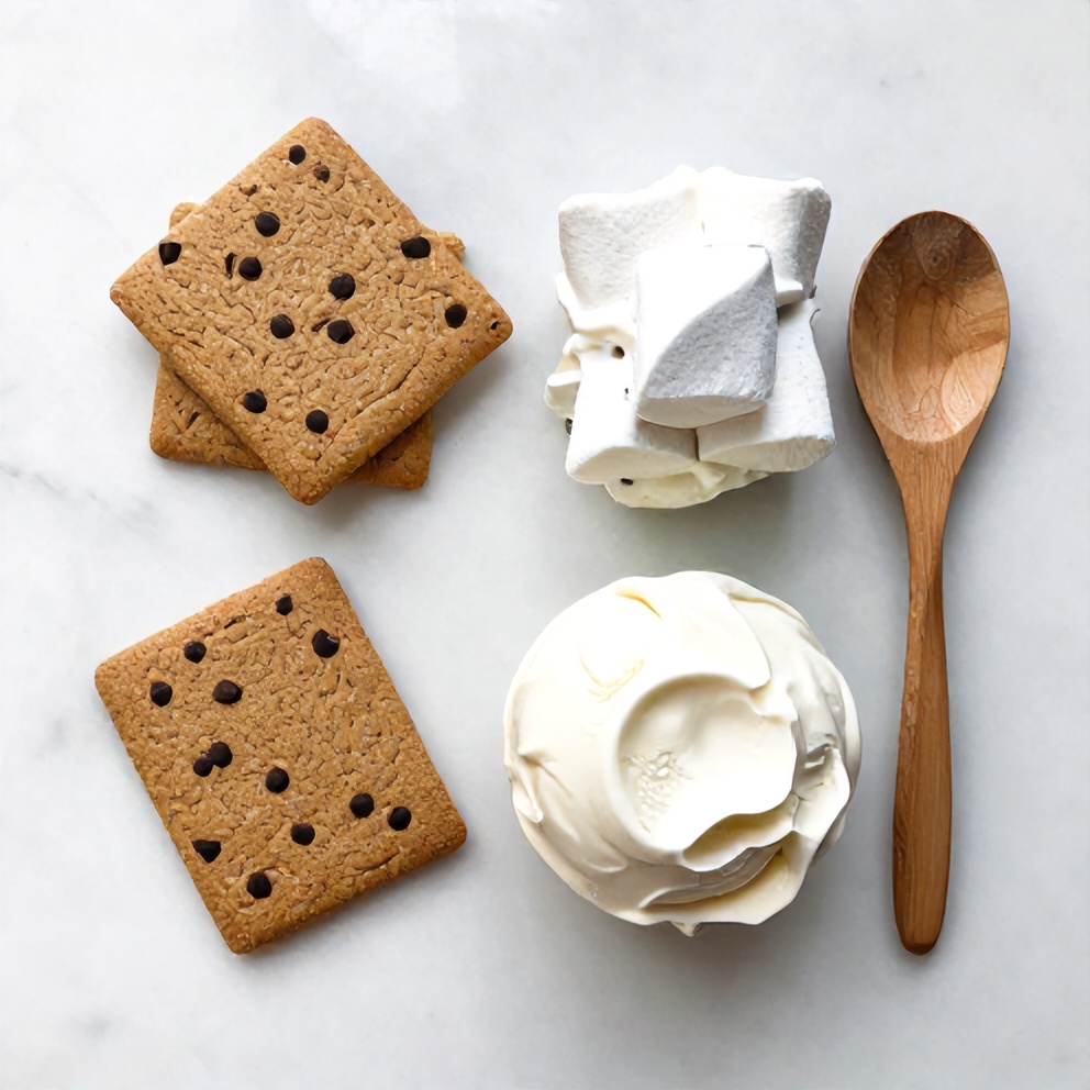 Graham crackers, chocolate chips, marshmallow creme, vanilla frozen yogurt, and a wooden spoon on a marble surface