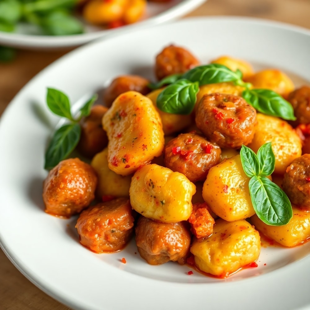 Plated serving of crispy sheet pan gnocchi and sausage dinner