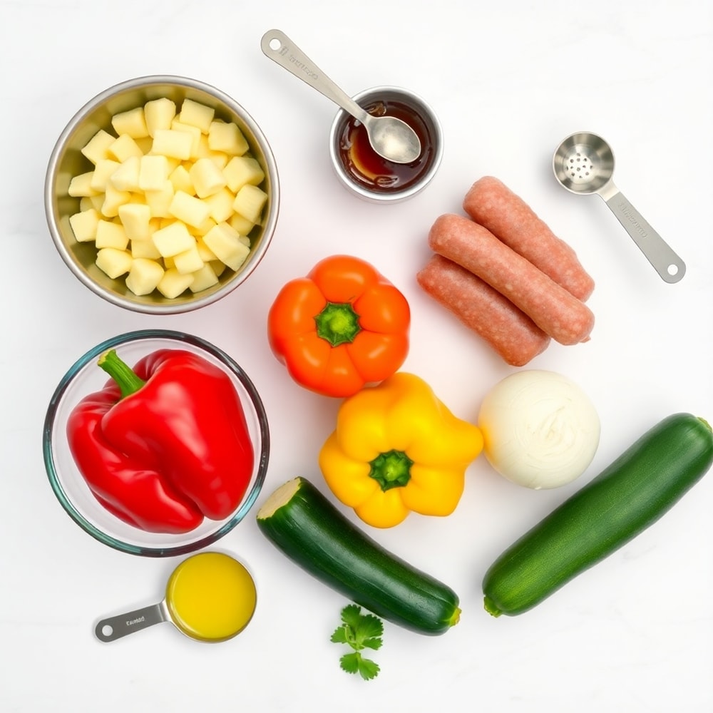 Raw ingredients for sheet pan gnocchi and sausage dinner