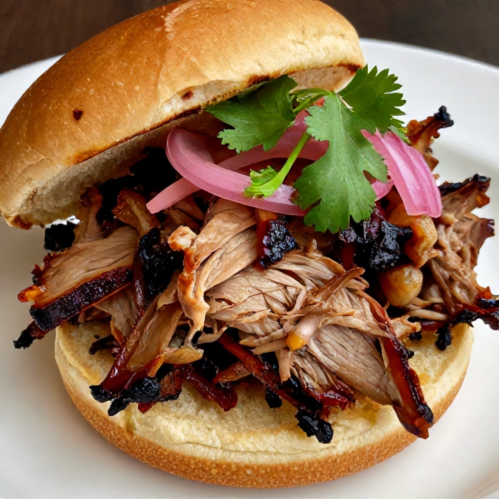 Close-up of smoky pulled pork sliders with pickled onions
