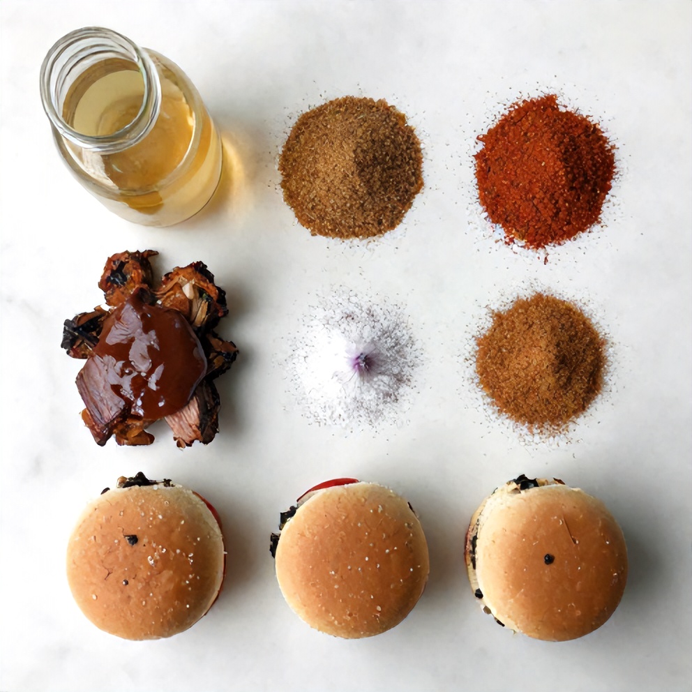 Ingredients for smoky pulled pork sliders on a marble counter