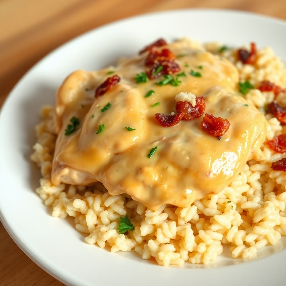 Plated serving of creamy smothered chicken and rice