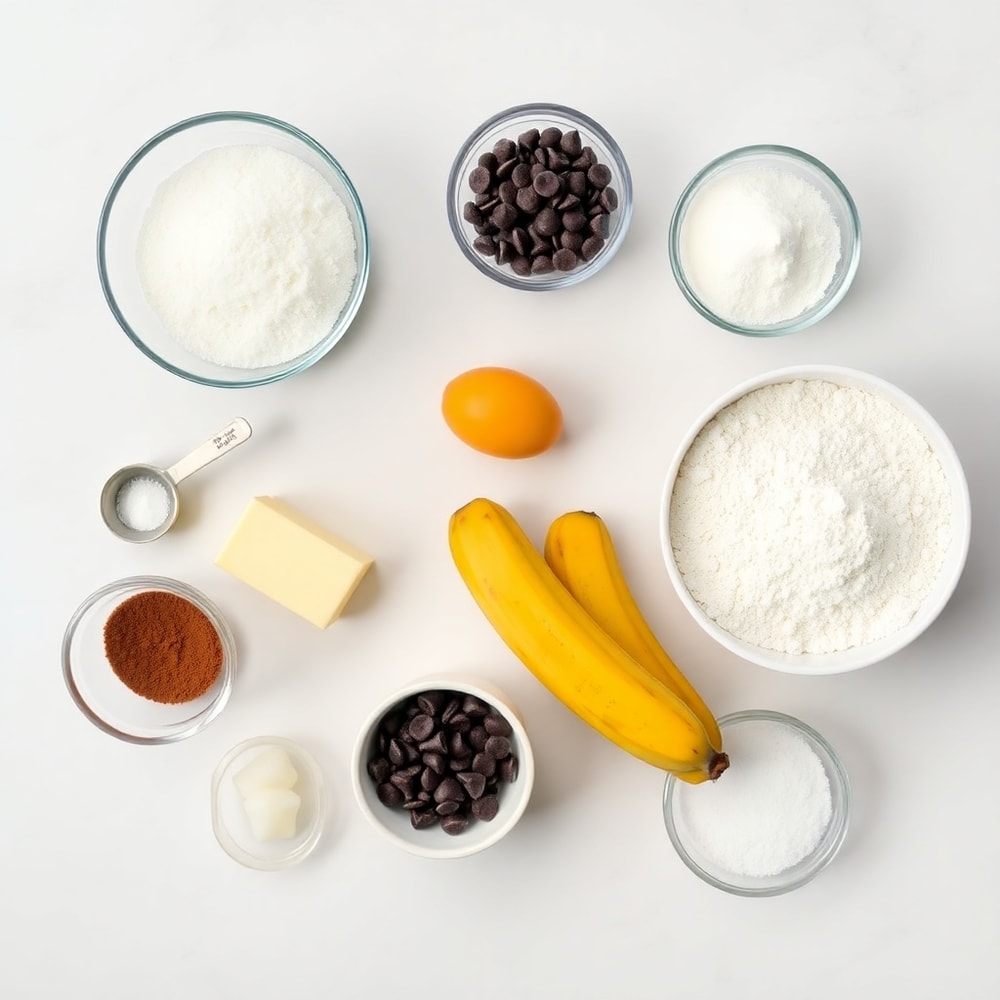 Banana, flour, sugar, butter, eggs, baking soda, vanilla extract, chocolate chips, salt