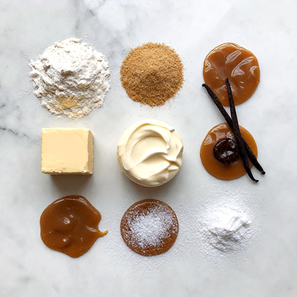 Raw ingredients for Soft Caramel Cheesecake Cookies on a marble surface