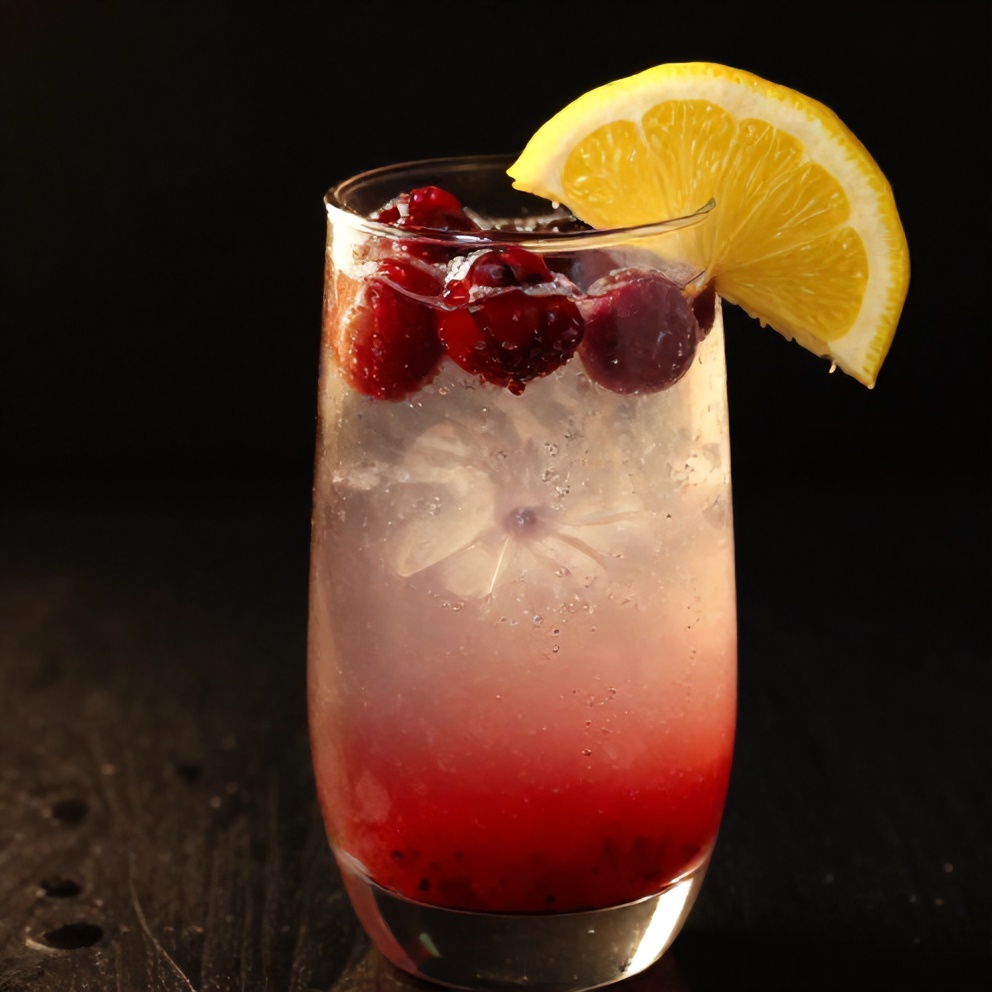 Glass of sparkling berry lemonade with a lemon wheel and fresh berries