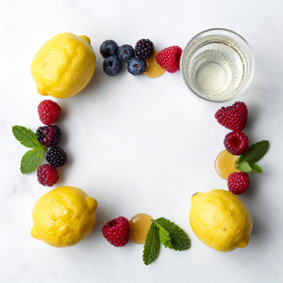 Ingredients for sparkling berry lemonade including lemons, mixed berries, water, and sparkling water
