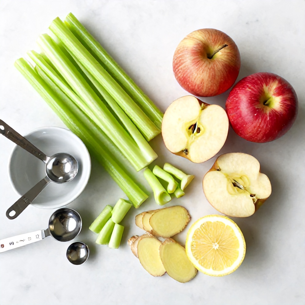 Celery, apples, lemon, and ginger on a cutting board