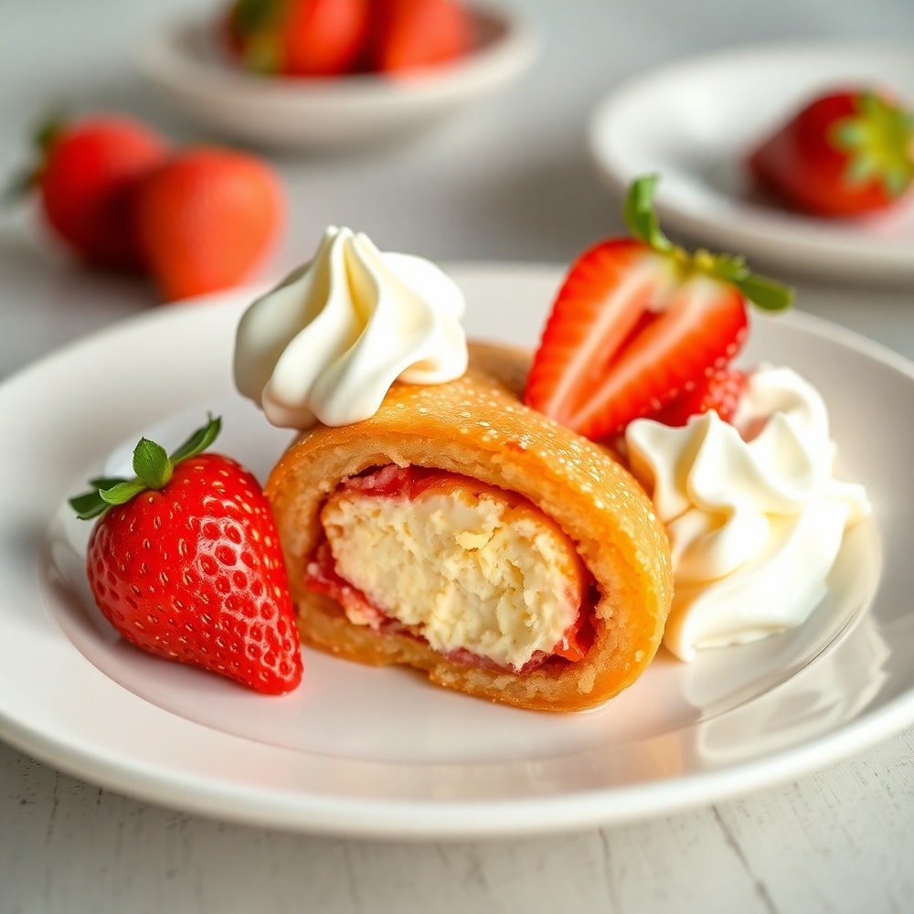 Plated serving of Strawberry Cheesecake Breakfast Roll with whipped cream
