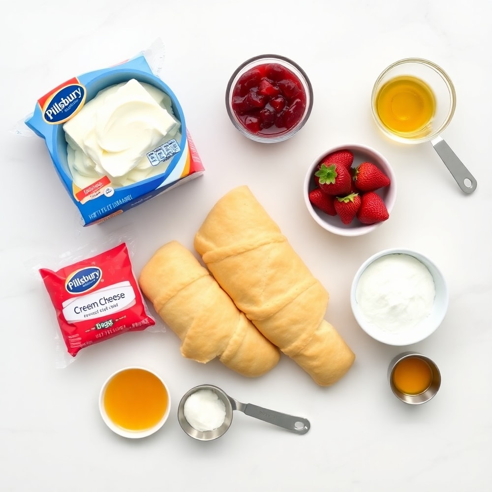 Raw ingredients for Strawberry Cheesecake Breakfast Rolls on a marble surface