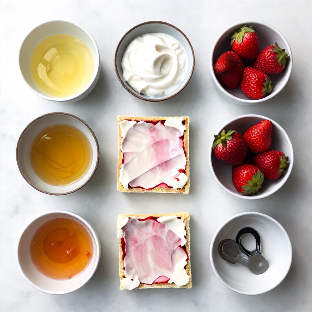 Ingredients for Strawberry Frozen Greek Yogurt Bark on a marble surface