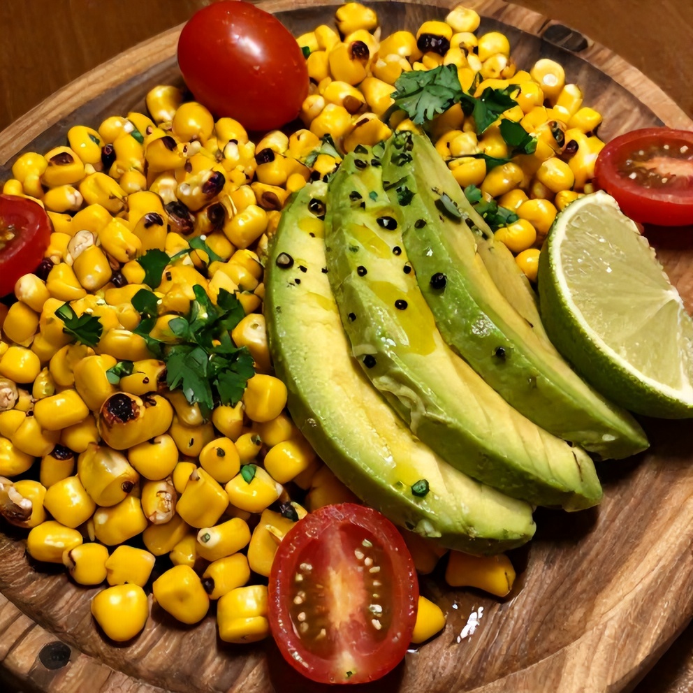 Plated summer corn salad with grilled corn, avocado, and cherry tomatoes on a rustic wooden board