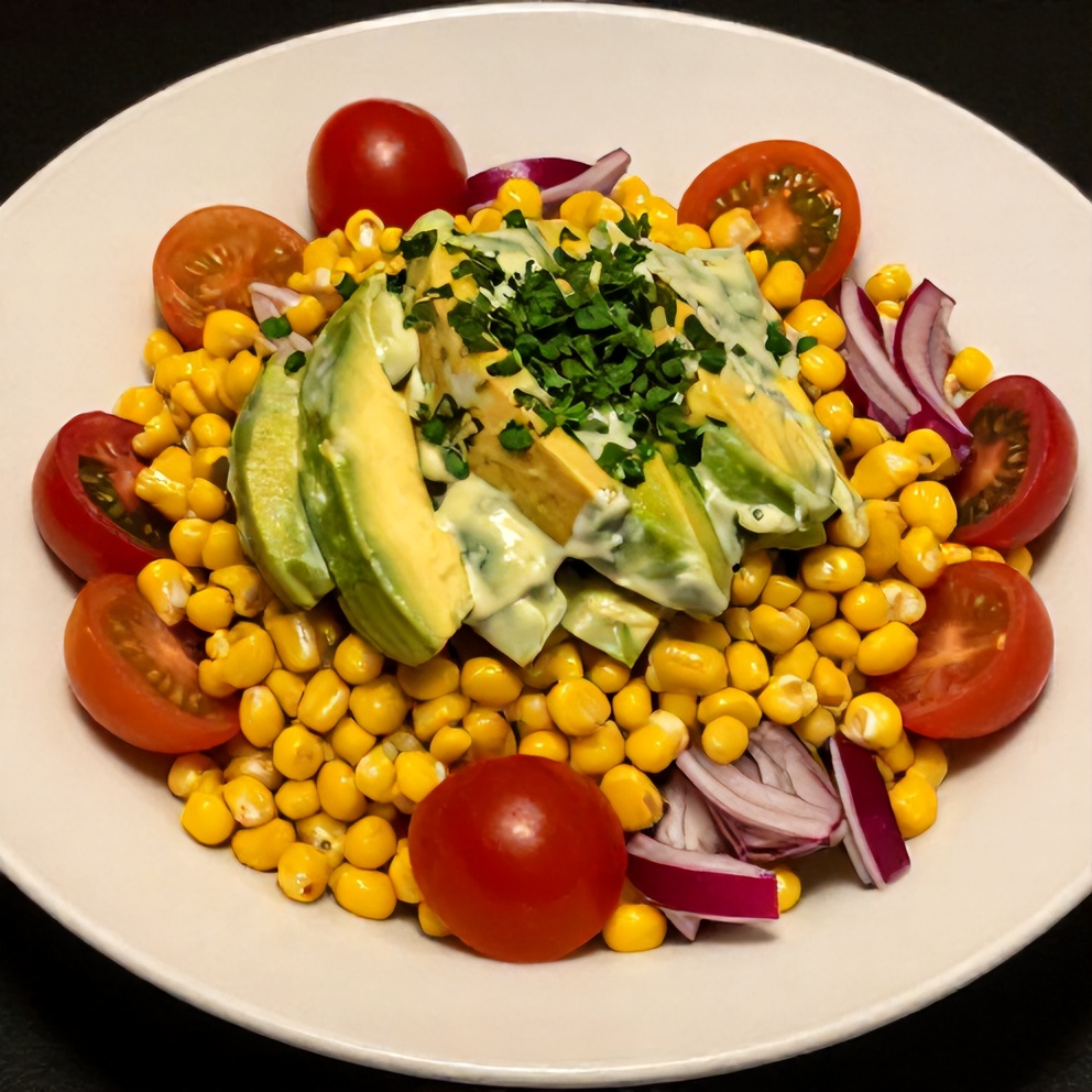 Plated Summer Corn Salad with Avocado on a white plate
