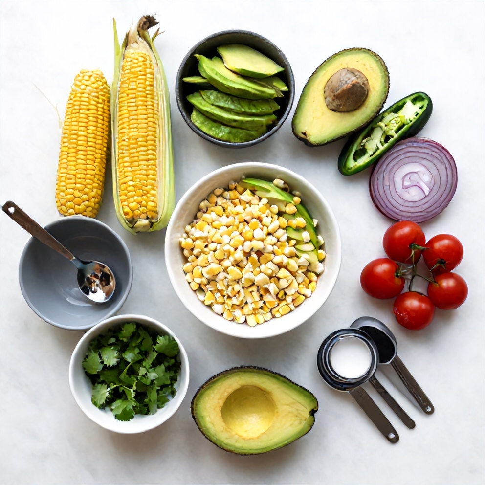 Raw ingredients for Summer Corn Salad with Avocado on a white marble counter