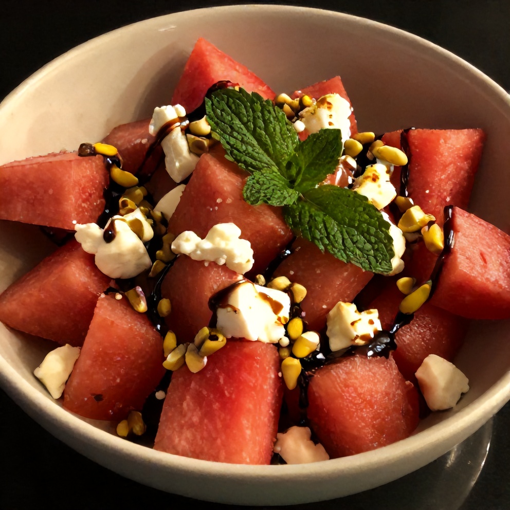 Watermelon feta salad served in a shallow bowl with a sprinkle of fresh mint