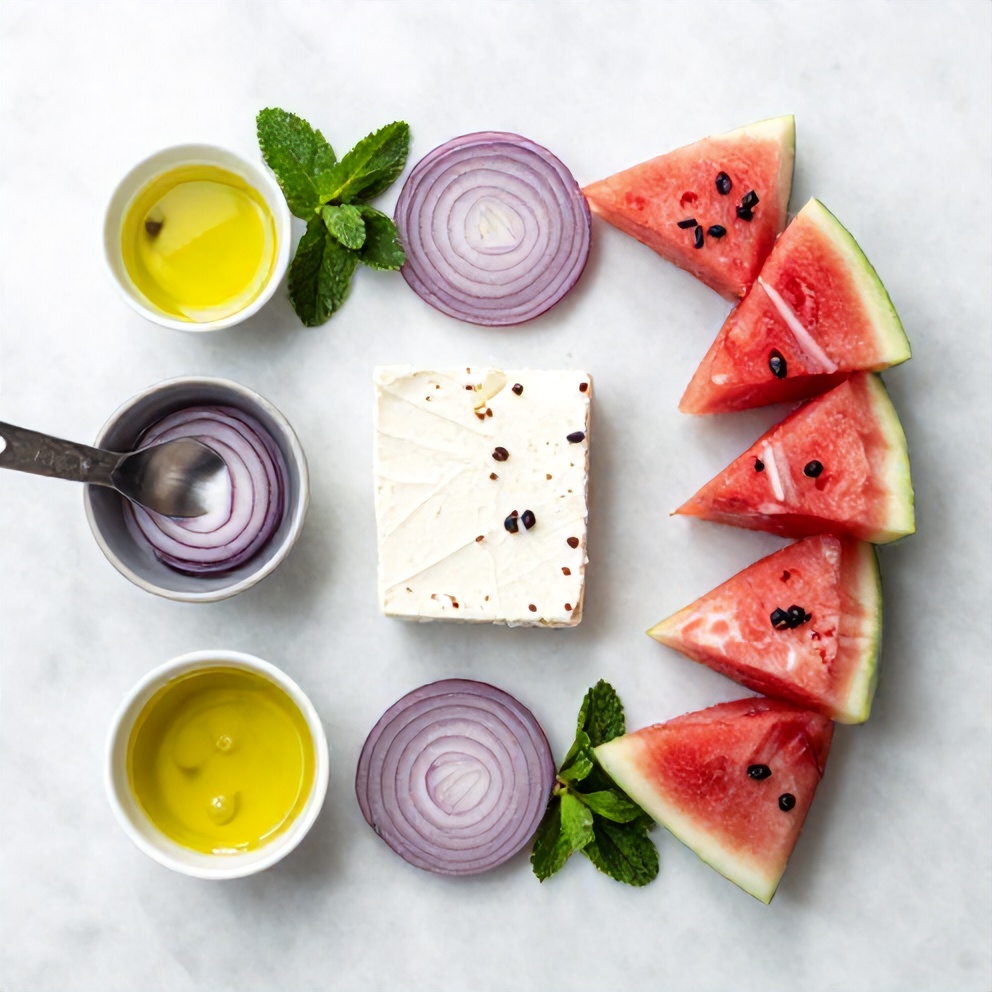 Watermelon, feta, red onion, fresh mint, and olive oil arranged on a white marble surface